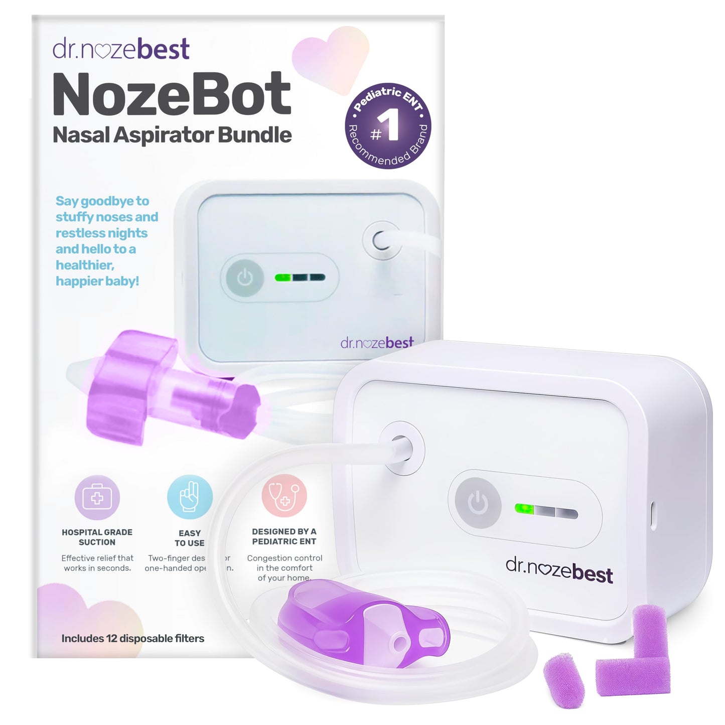 Dr. Noze Best NozeBot Electric Baby Nasal Aspirator - Designed by a Pediatric ENT for Safe, Gentle Congestion Relief - Rechargeable, Portable & Easy to Clean Nose Sucker for Infants and Toddlers