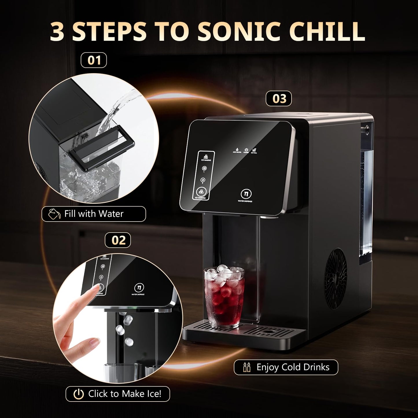Cowsar 2-in-1 Countertop Ice Maker with Water Dispenser, 9 Ice Cubes Release in 8 Mintues, 26Lbs/24H Dual Sizes of Bullet Ice Machine with 3.3L Removable Water Tank for Home, Kitchen, Office