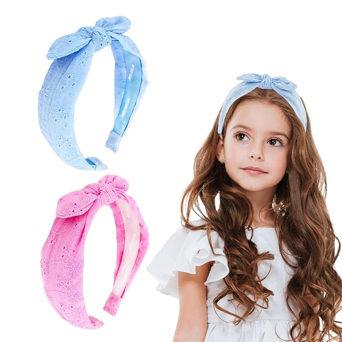 Toddler Headbands with Bow, Thin Knotted Non-Slip Hair Accessories for Girls and Women (Bule/Pink, 2Pcs)