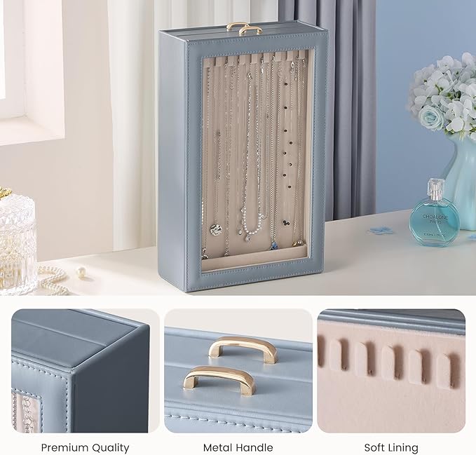 Lolalet Necklace Organizer Box, Jewelry Storage Box with Clear Window for Necklaces Bracelets, Tangle-Free Necklace Display Case for Women Girls -Dusty Blue, 2 Layers 20 Hooks