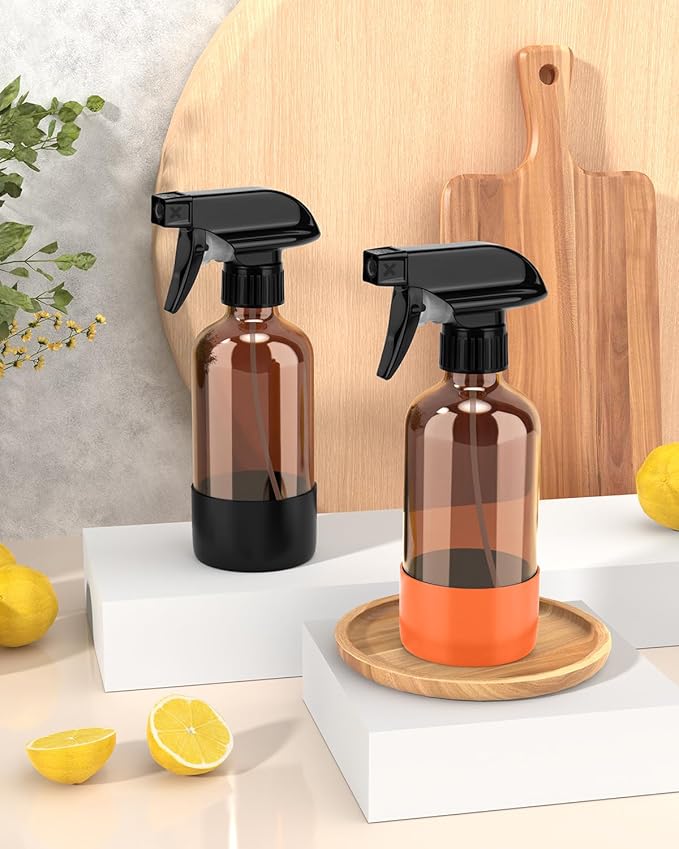 Bontip Glass Spray Bottle with Silicone Sleeve Protection, Amber Glass Spray Bottle Set for Window Cleaner Aromatherapy Facial Hydration Watering Flowers Hair Care 2 Pack/8 oz (Black & Orange)