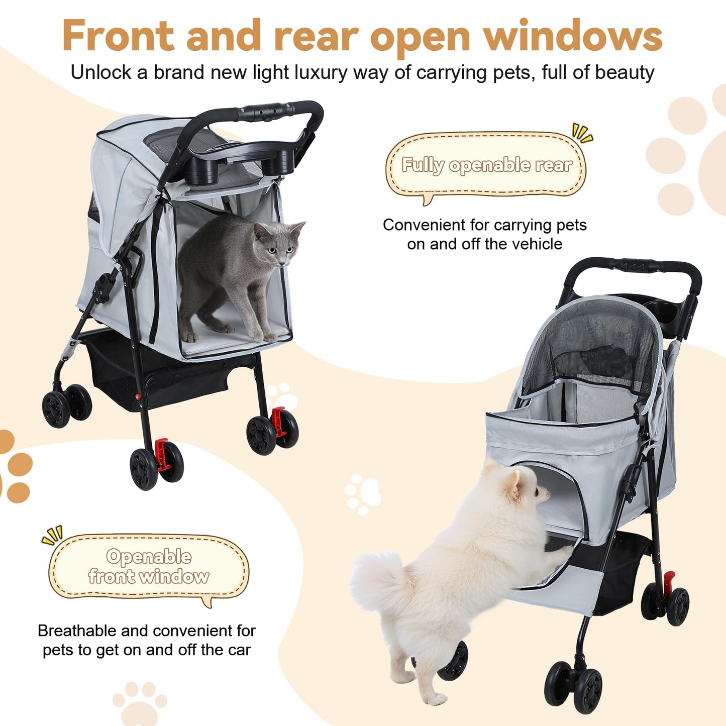 sxvbdway 4 Wheels Pet Stroller for Medium Small Dog up to 50lbs, Dog Cat Stroller, Outdoor Travel Pet Folding Strollers with Cup Holder, Detachable Carrier, Breathable Visible Mesh (Grey Upgraded)