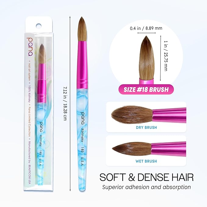 PANA USA Acrylic Nail Brush Pure Kolinsky Hair Acrylic White Swirl Blue Handle with Pink Ferrule Round Shaped - Size 18