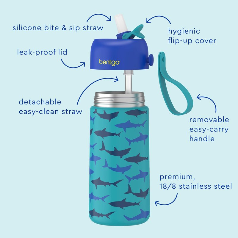 Bentgo® Kids Stainless Steel Insulated Water Bottle - Leak-Proof; Keeps Cool for 12 Hours; Durable, BPA-Free, Dishwasher Safe 14 oz. Cup for Ages 3+ for School/Sports/Daycare (Sharks)
