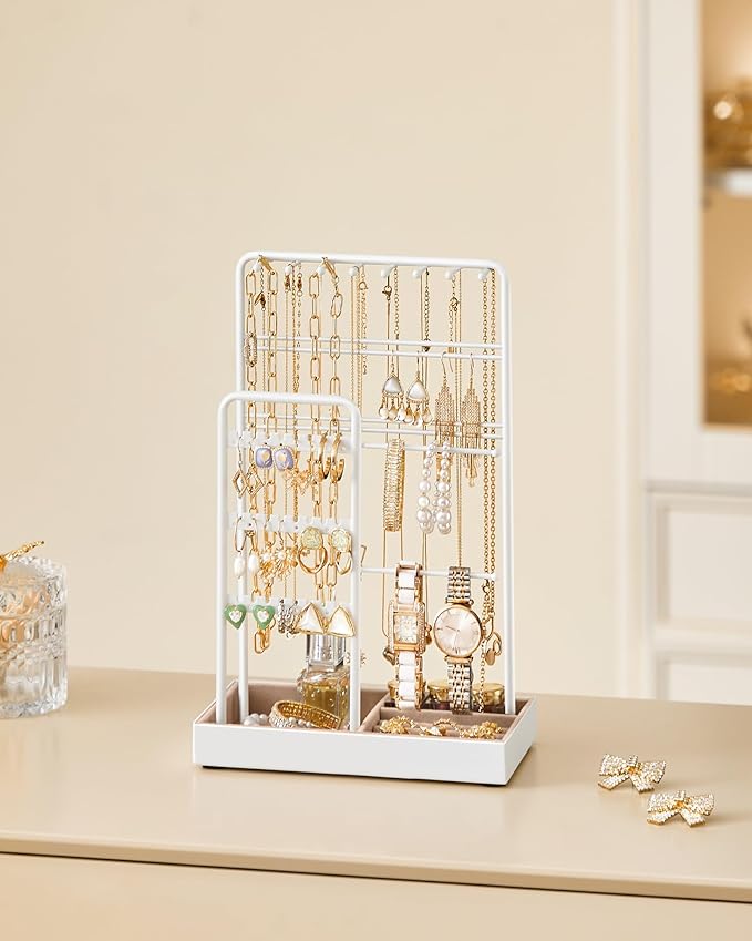 SONGMICS Jewelry Holder, Jewelry Organizer, Jewelry Display Stand with Metal Frame, Velvet Tray, Necklace Earring Bracelet Holder, for Studs, Rings, Gift Idea, Matte White UJJS021W01
