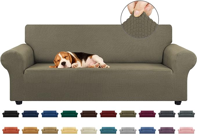 KEKUOU Stretch Sofa Cover Slipcover ，Couch Covers for 3 Cushion Couch Sofa pet Friendly (78"-94") Furniture Protector Sofa with Elastic Bottom for Kids,Dog, Jacquard Small Checked(Large,Khaki)