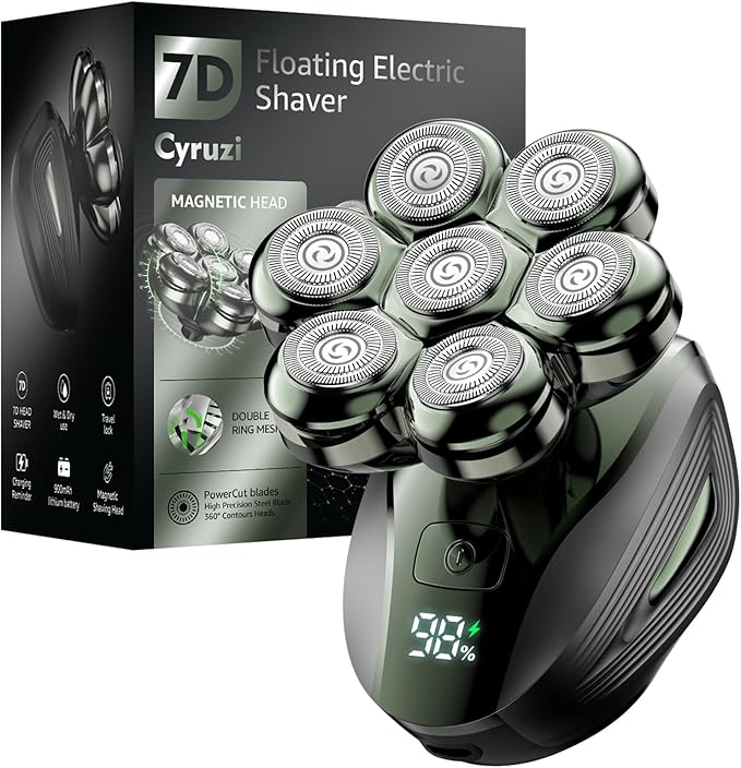 Cyruzi Head Shavers for Bald Men: 7D Floating Electric Razor with Magnetic Removable Head, IPX7 Waterproof Wet or Dry Shaver, LED Display & Type-C Fast Charging - Lime Green