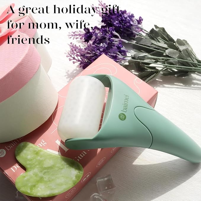 BAIMEI IcyMe Cryotherapy Ice Roller and Gua Sha Facial Tools Reduces Puffiness, Skin Care Tools for Face Massager Self Care Gift for Men Women - Green