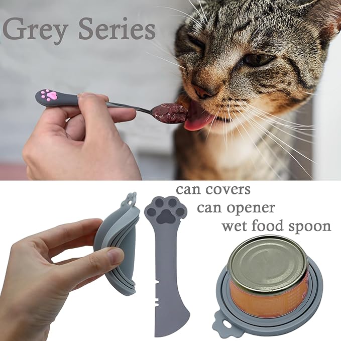 SJANE Cat Food Can Spoons & Can Lids | 4 Pcs | Multi-function Opener | Silicone Pet Food Covers | Stainless Steel Wet Food Spoon for Cats and Dogs(Grey)