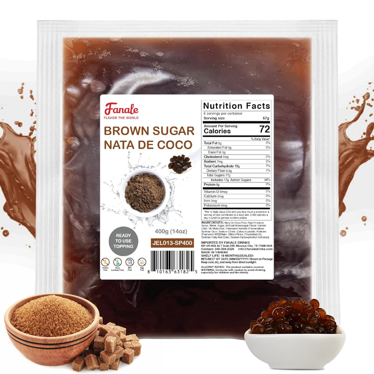 Fanale Coconut Jelly Topping nata de coco for Bubble Tea 400 g | Brown Sugar Jelly | for Boba Tea, Smoothies, Slushes, Desserts 400g