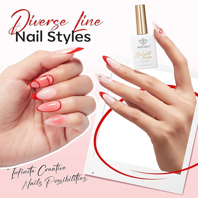 modelones Red French Tip Liner Gel Polish, 15 ML Bright Apple Red Valentine's Day Nail Art Paint Swirl with Ultra Fine Line Brush Soak Off U V DIY Home Salon Professional Manicure Gift for Women