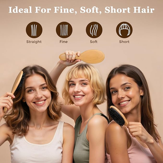 BLACK EGG Boar Bristle Hair Brush for Women Men Kid, Soft Natural Bristles Brush for Thin and Fine Hair, Restore Shine and Texture, Set includes Bamboo comb and 3 hair ties, Valentine’s Day Gift