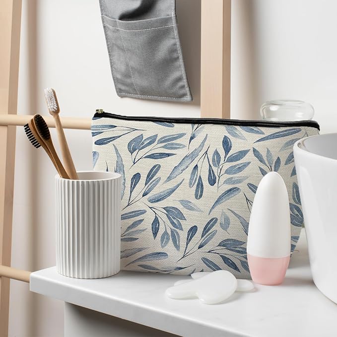 Blue Floral Makeup Bag Pouch, Blue and White Chinoiserie Makeup Pouch, Floral Cosmetic Bag, Boho Botanical Leaves Cosmetic Bag for Women