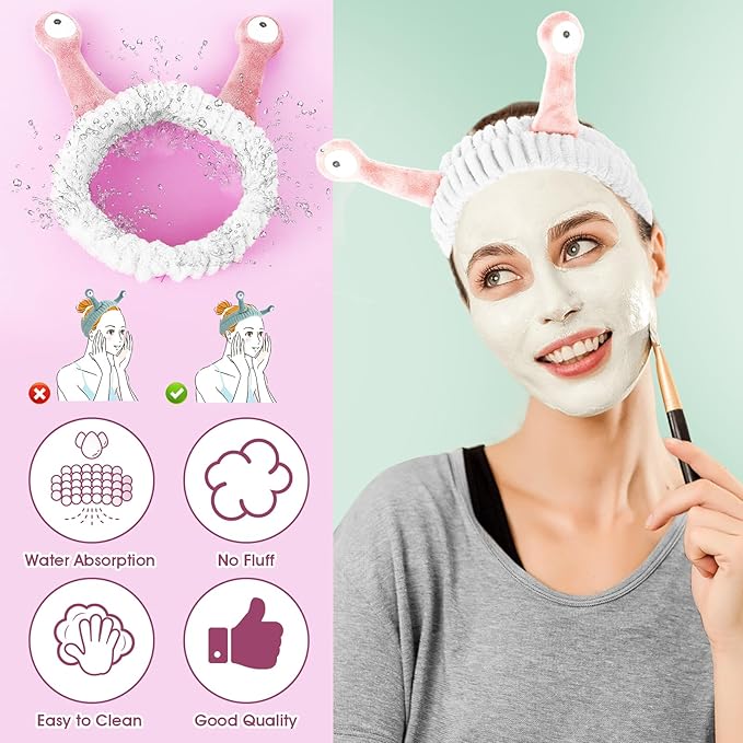 Face Wash Headband, Palm and Snail Spa Hair Bands Makeup Headbands Women Cartoon Cute Coral Fleece Elastic Headband Creative Hair Accessories for Washing Face Shower Sports (Pink&White)