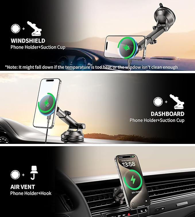 for MagSafe Car Mount Charger Dash/Windshield/Vent Wireless Car Charger with [LED Light], Strong Magnetic Phone Holder for Car for iPhone 16 15 14 13 12 Series, Fit MagSafe Accessories