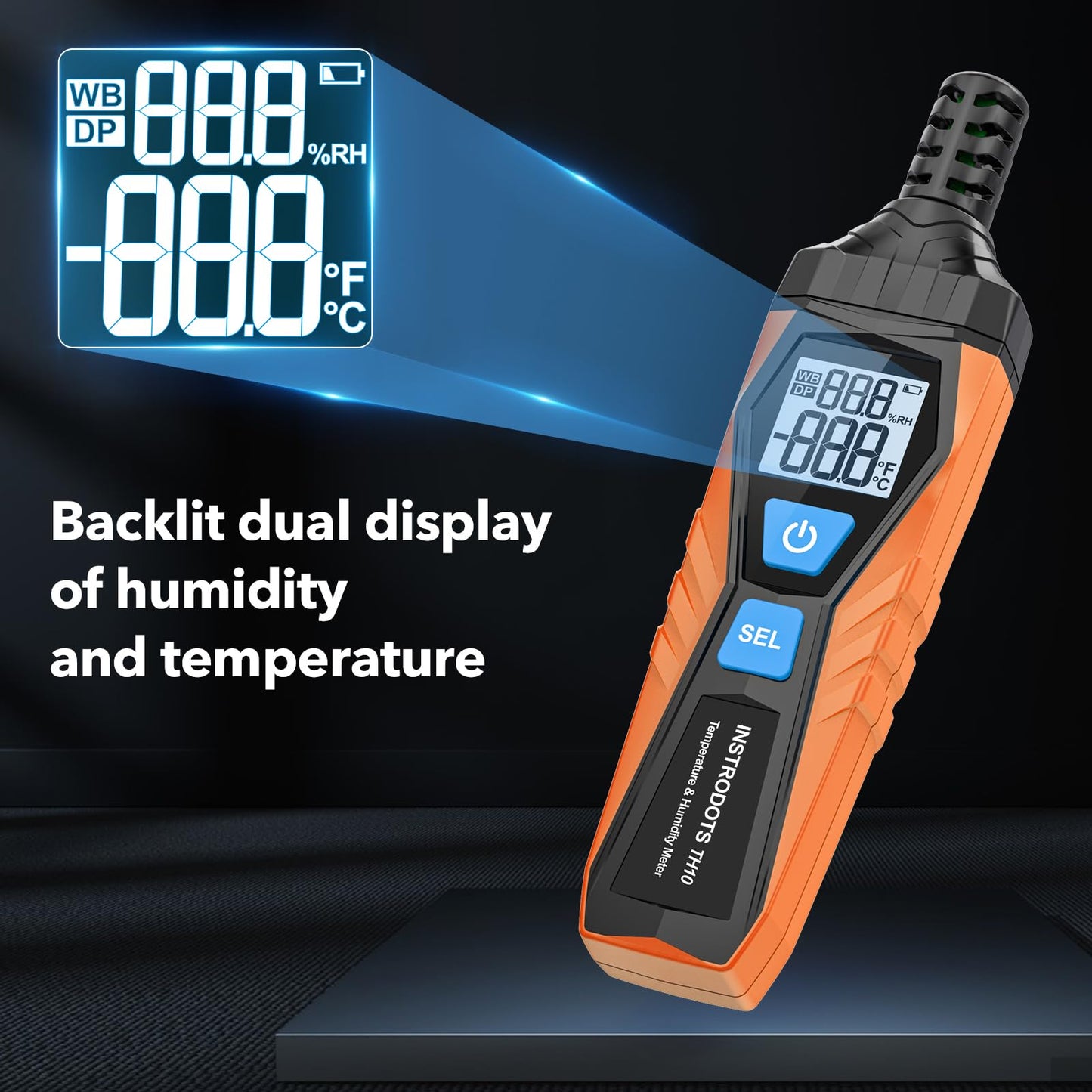 INSTRODOTS Temperature Humidity Meter, High Precision Thermometer Hygrometer with Ambient, Dew Point, Wet Bulb Thermometer, Dual Display Temperature & Humidity with LCD Backlight, TH10