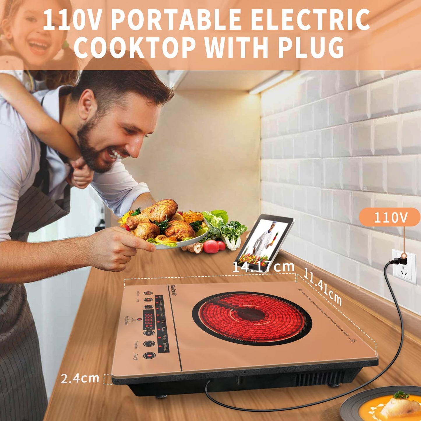 Karienvir Single Burner Electric Cooktop, Portable Electrics Stove 110v with plug, Touch Stove Electric with Safety Lock, Timer, Kitchen Cooking Cooktop With 9 Power Levels, 1800W(orange)