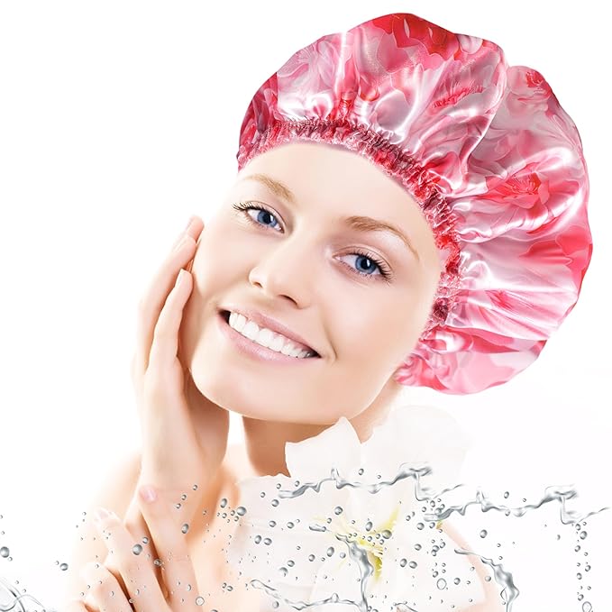 4 PCS Shower Caps for Women, 3D Printing Bath Caps, Double Layers Shower Cap Reusable Waterproof, Bathing Shower Caps, Environmental Protection Hair Bath Hat - Flower