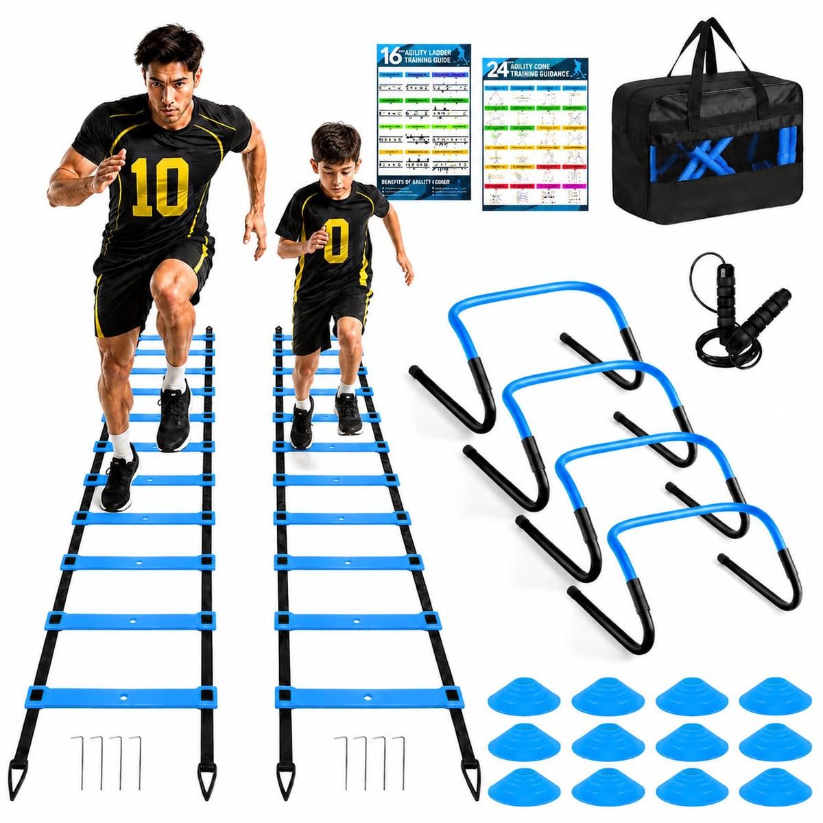 Agility Speed Training Equipment Set - 20ft Speed Ladder, 12 Cones, 4 Adjustable Hurdles, Jump Rope, Parachute, 3 Resistance Bands | Ideal for Basketball, Football, Soccer, for Kids, Youth, Adults