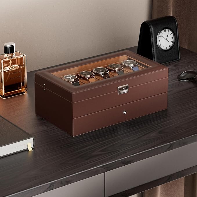 ProCase Watch Box, 12 Slot Mens Watch Case With Drawer, 2-Layer Watch Display Case With Glass Lid, Mens Jewelry Box Storage Holder Organizer, Birthday Valentine Gifts for Men -12Slot, Espresso