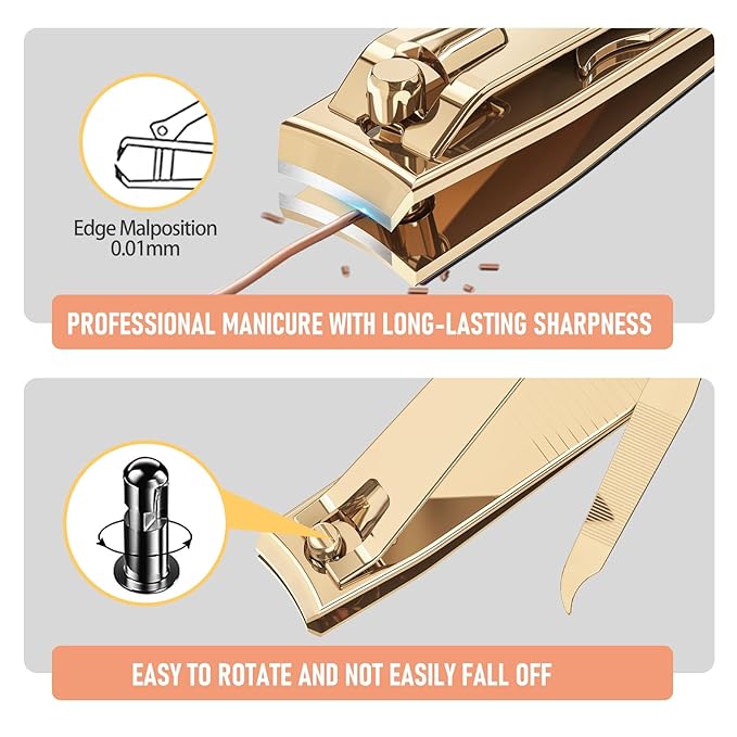 Nail Clipper Set, Sturdy Stainless Steel Fingernails & Toenails Clippers & Nail File, Sharp Effortless Fingernail Toenail Trimmer, Portable Nail Cutter for Women Men（Golden）