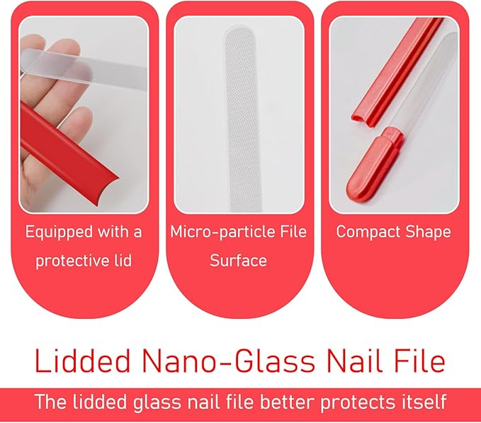 WOKOTO 2 Packs Glass Nail File with Case for Nail Shaping & Polishing, Red & Pinkish Purple Double Sided Transparent Crystal Diamond Fingernail Files Glass Nail Buffer for Natural and Acrylic Nails