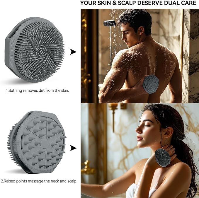 Silicone Body Scrubber, Dual-Sided Silicone Loofah for Shower, Exfoliating Body Brush Scrubber for Men and Women for All Skin, Scalp Scrubber Lather WellÃ¯Â¼ÂEasy to Clean (Gray)