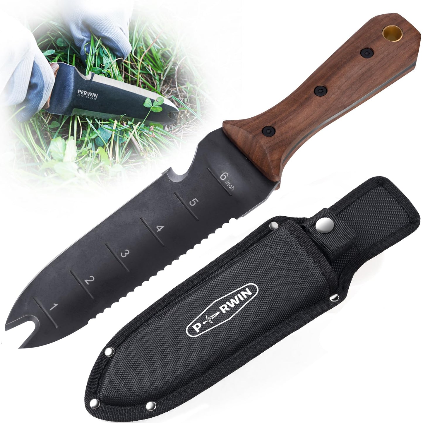 PERWIN Hori Hori Garden Knife, Garden Tools with Sheath for Weeding, Planting, Digging, 7" Stainless Steel Blade with Cutting Edge, Full-Tang Walnut Wood Handle with Hanging Hole