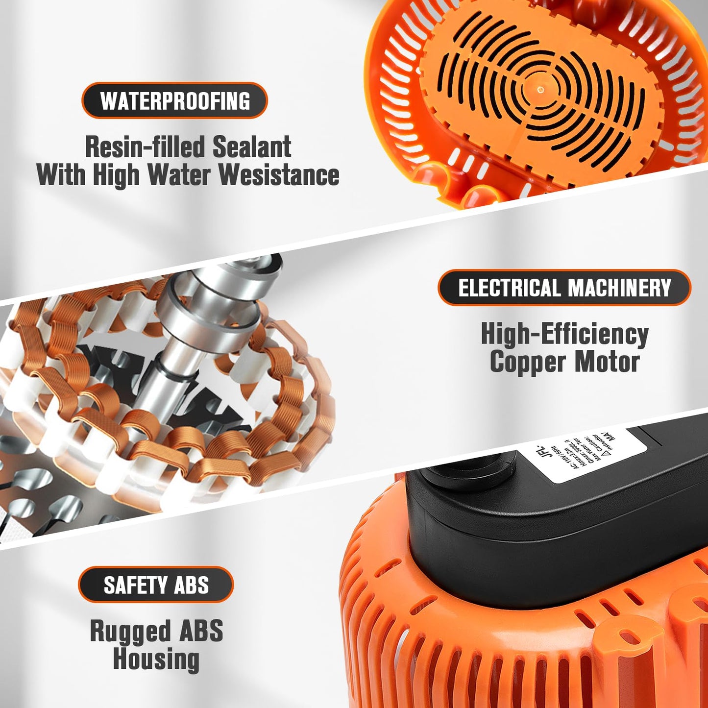 Sump Pump,Pool Cover Pump above Ground,submersible water pump Swimming Water Removal Pumps,for Swimming Pool Basement Garden Pond Tubs Draining,75W,Max Flow:850GPH,3 Adapters,25 Ft Power Cord (Orange)