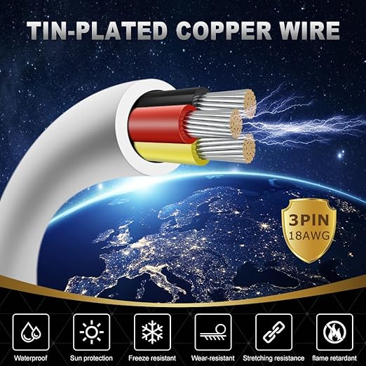 18 Gauge 3 Conductor Electrical Wire, 65.6FT White Stranded Low Voltage 18/3 PVC Case, 18 AWG Tinned Copper 3 Wire Extension Power for Strips LED Lamp Lighting