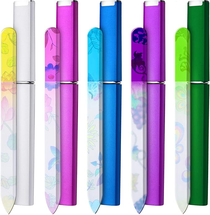 Mudder 5 Pack Glass Nail File with Case for Women Double Sided Crystal Fingernail File for Natural Nails Manicure Care Women Gift(Classic Pattern)