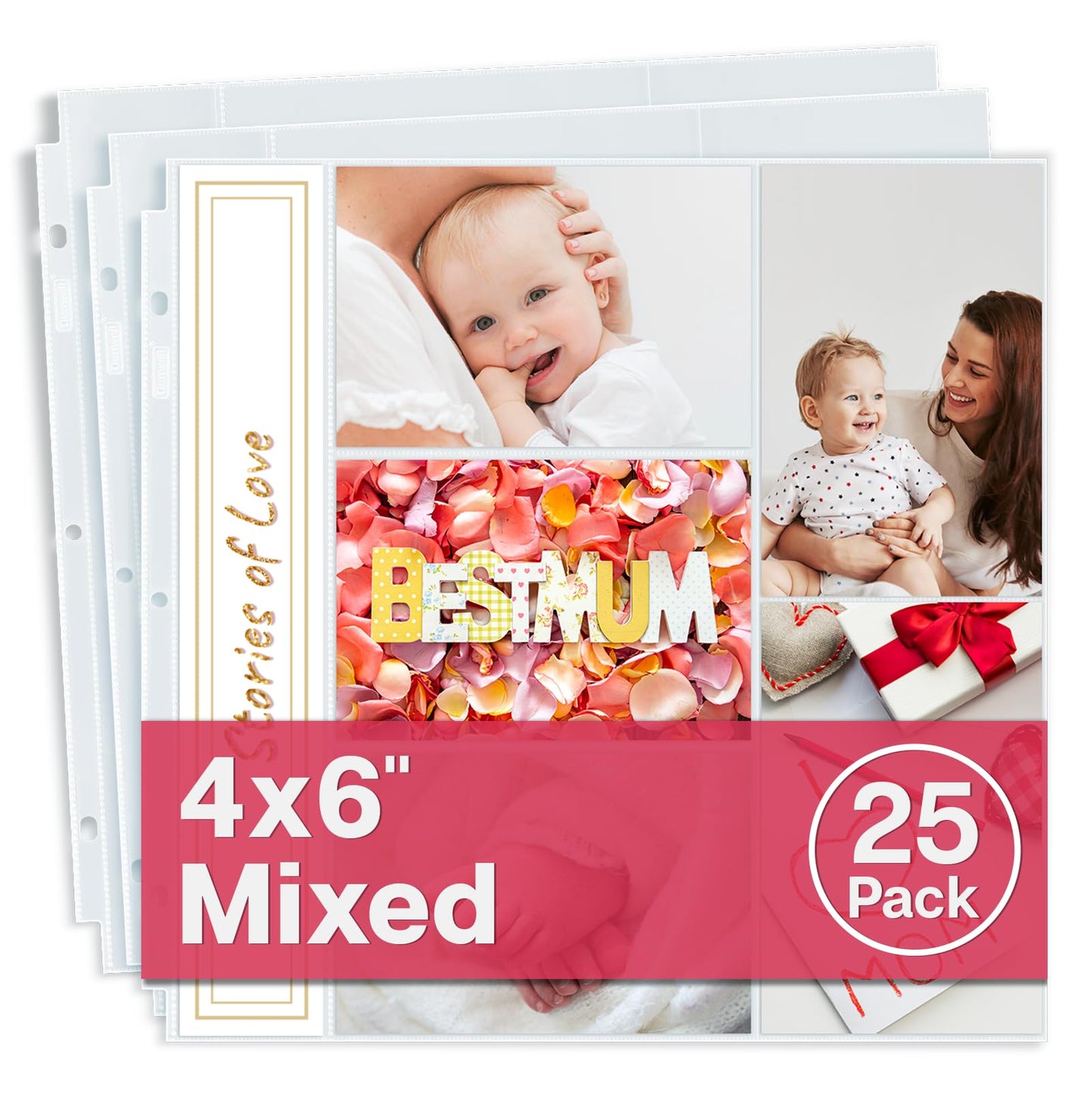 Dunwell Photo Album Refill Pages 12x12 (4x6 Mixed Layout), 25 Pack Holds 250 Pictures, Plastic 4 x 6 Photo Sleeves for 3-Ring Scrapbook Binder, Acid-Free Poly