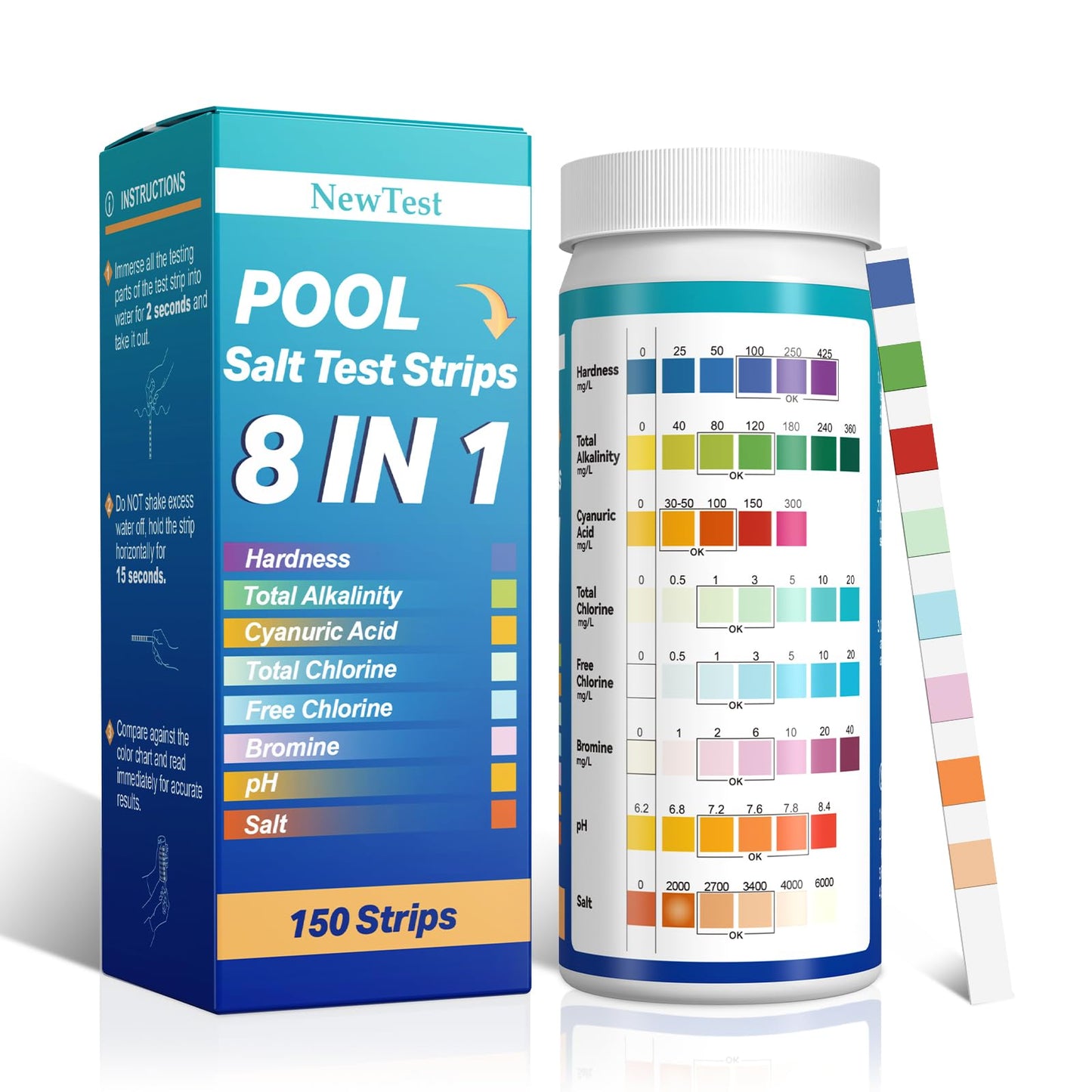 NewTest Pool Salt Test Strips: 150CT 8 in 1 Professional Pool Test Strips for Salt Water Pool & Hot Tub & Spa & Swimming Inground Pools - Quick Accurate Results Saltwater Pool Testing Kit