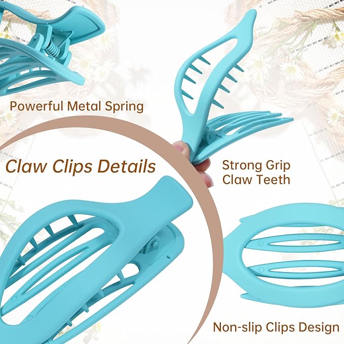 French Flat Hair Clips for Women - 6Pcs Flat Hair Claws for Thin Thick Hair Strong Hold No Slip Grip Hair Claw Clips for Women Girls (Flower (Blue))