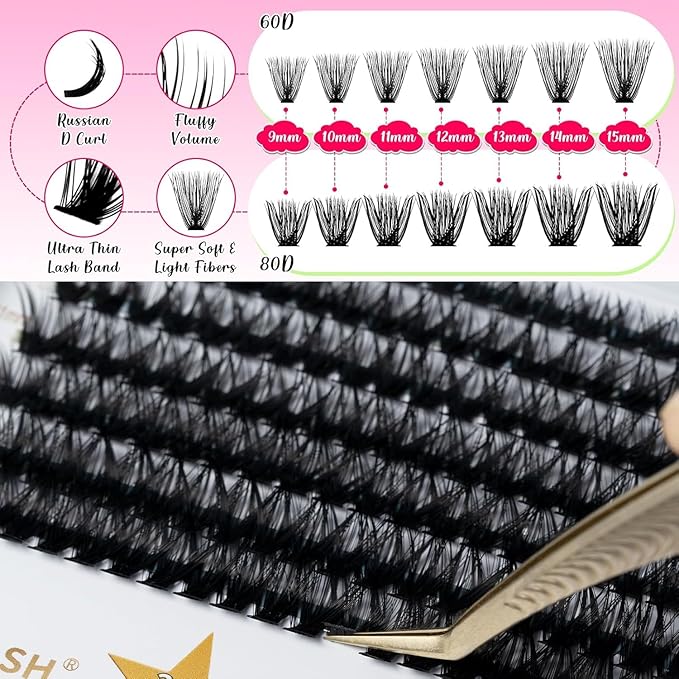 RITALASH Lash Extension Kit 60D+80D DIY Lash Clusters 280pcs Cluster Lashes Individual Lashes Eyelash Extension Kit with Lash Bond and Seal,Lash Tweezers(60D+80D Kit,9-15mm Mixed)