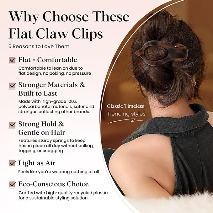 2 PCS Large Flat Hair Clips for Women, French Concord Lay Down Flat Claw Clips for Thick Thin Hair, Comfortable Curved Flat Clip, Matte Non-slip Strong Hold Hair Accessories, Tortoise & Black