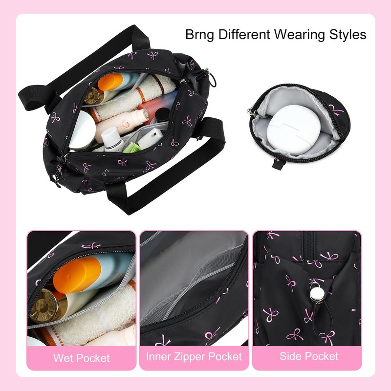 CAMTOP Mini Gym Bag for Women, Small Gym Tote Bag Puffy Quilted Sports Duffel Bag with Wet Compartment and Coin Purse Duffel Bags Dance Yoga Workout Bag for Gifts (Black Pink Bow, Mini-12.6")
