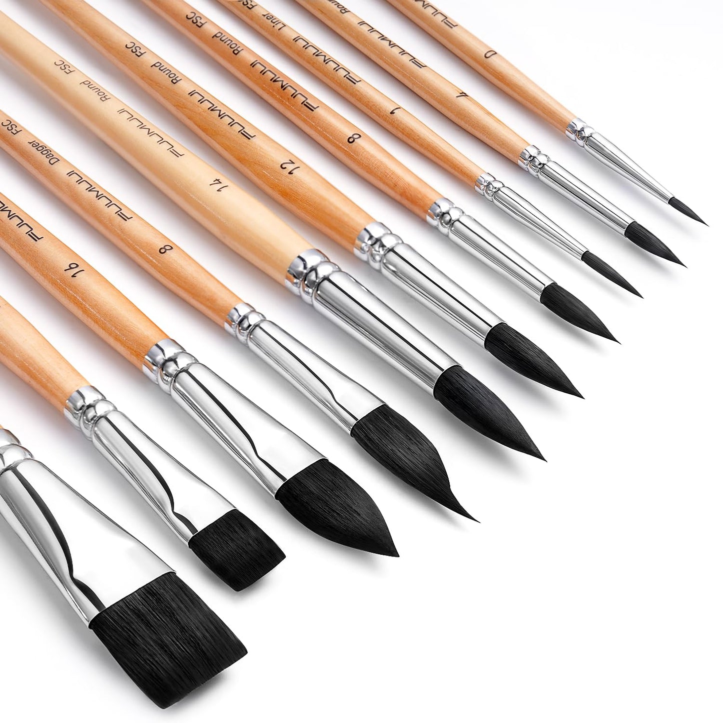 Watercolor Brush Set, Fuumuui 10pcs Professional Synthetic Squirrel Paint Brushes for Artists - Flat, Round Pointed, Dagger, Cats Tongue Oval Wash