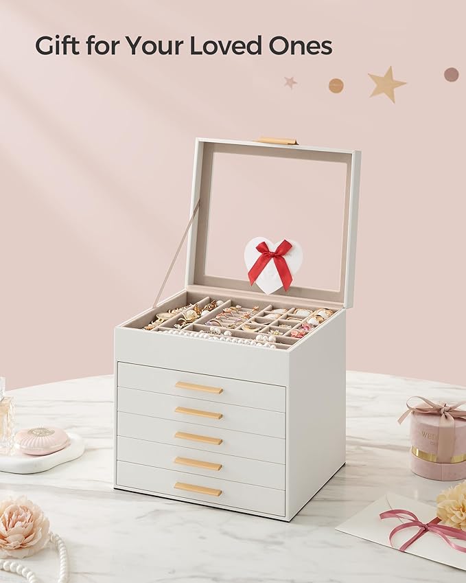 SONGMICS GISELLA Collection - Jewelry Box Organizer, 6-Layer Jewelry Storage with 5 Drawers, Shiny Metal Hardware, Glass Lid, Modern, 8 x 9.1 x 9 Inches, Cloud White and Gold Color UJBC176W01