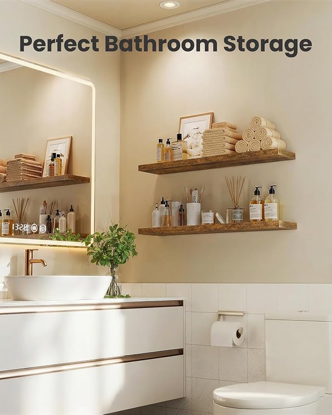 AMADA HOMEFURNISHING 23.6" L Floating Shelves, Wall Shelves Set of 3 for Bathroom/Living Room/Bedroom/Kitchen, Floating Shelves for Wall Decor with Invisible Brackets - AMFS44V, Rustic Brown