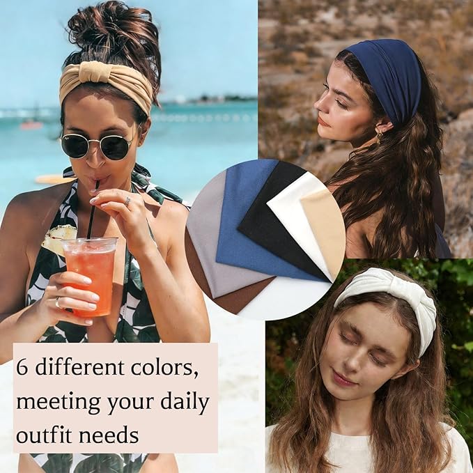 Wide Headbands for Women - 6 Pack Thick Stretchy Elastic Cloth Head Bands for Women's Hair, Non Slip Sweat Bands Soft Workout Headbands for Running, Makeup Headband for Washing Face, Spa & Skincare