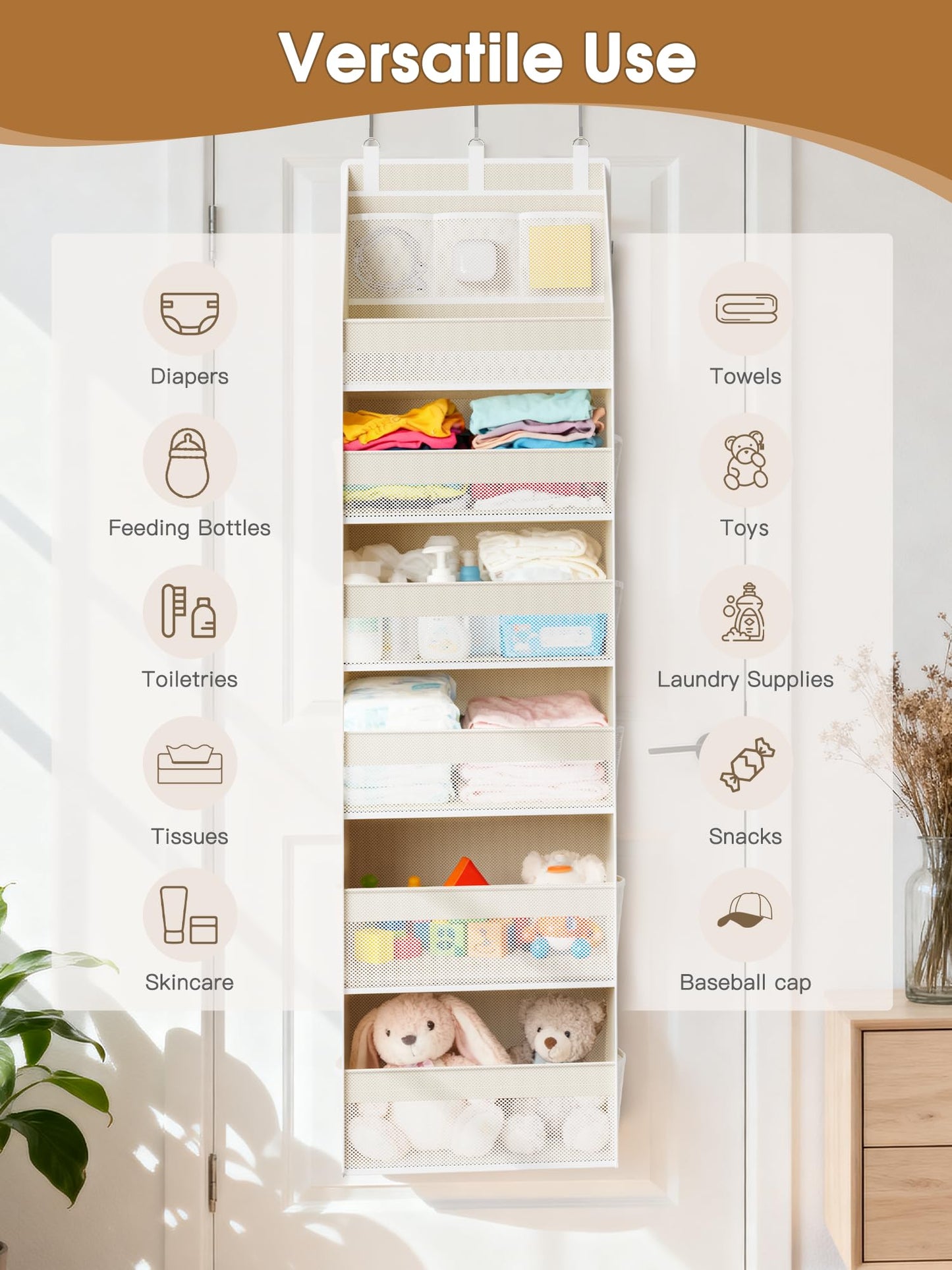 Criusia Over the Door Organizer, 6-Shelf Closet Hanging Storage with 13 Mesh Pockets, 55lbs Capacity Behind the Door Storage for Baby Nursery, Bathroom, Bedroom, and Dorm, Beige