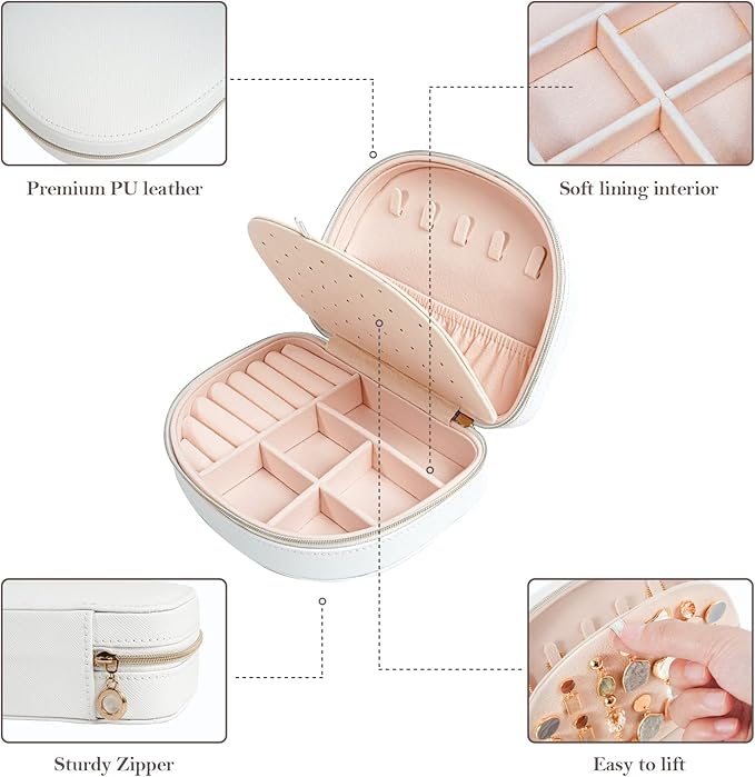 ProCase Travel Size Jewelry Box, Medium Portable Seashell-Shaped Jewelry Case, 2 Layer Mini Jewelry Organizer in PU Leather for Women -White