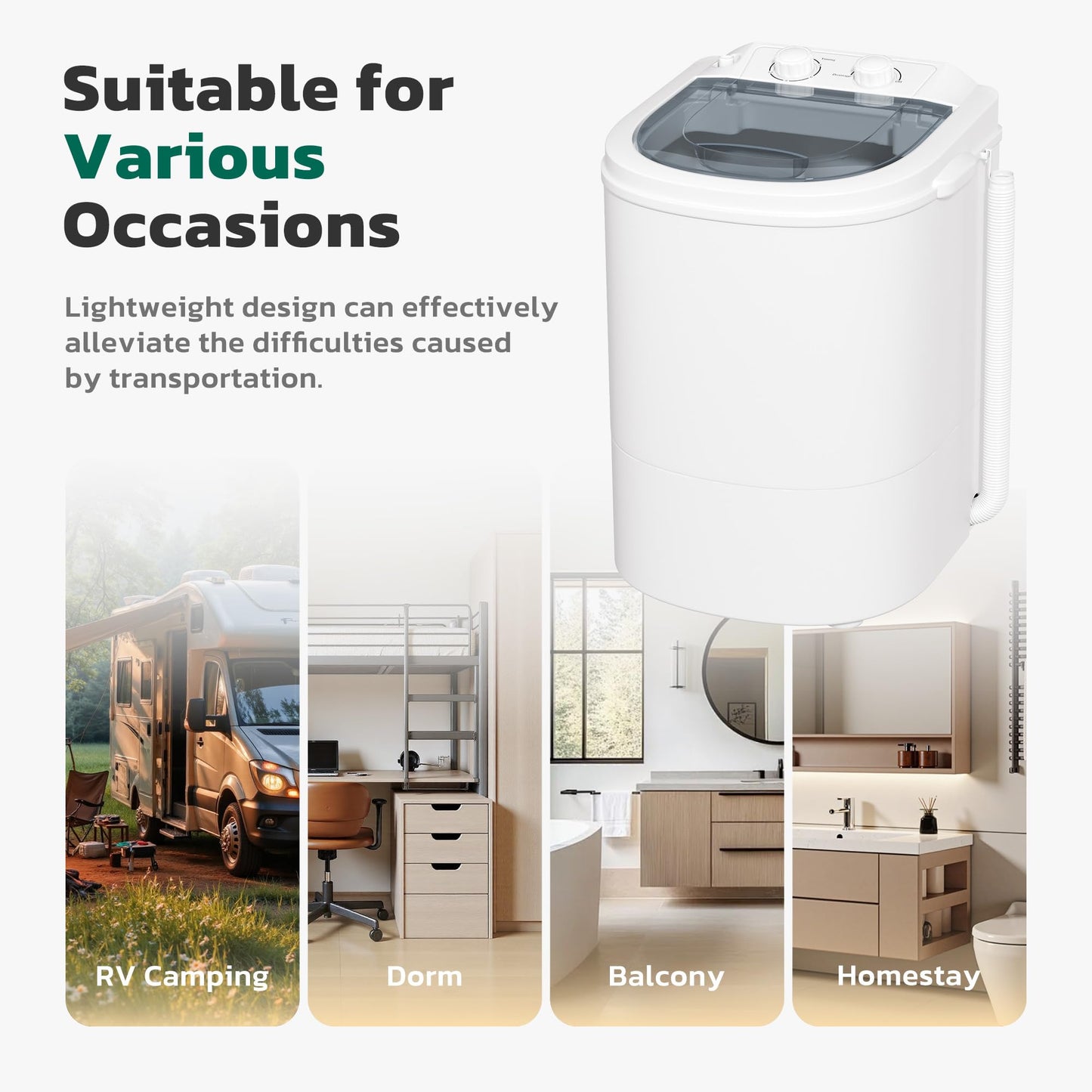Greenvelly Portable Washing Machine, Single Tub Small Laundry Washer with Spin Basket, 6.6lbs Portable Washer Dryer Combo for Apartments,Dorms (White Grey)