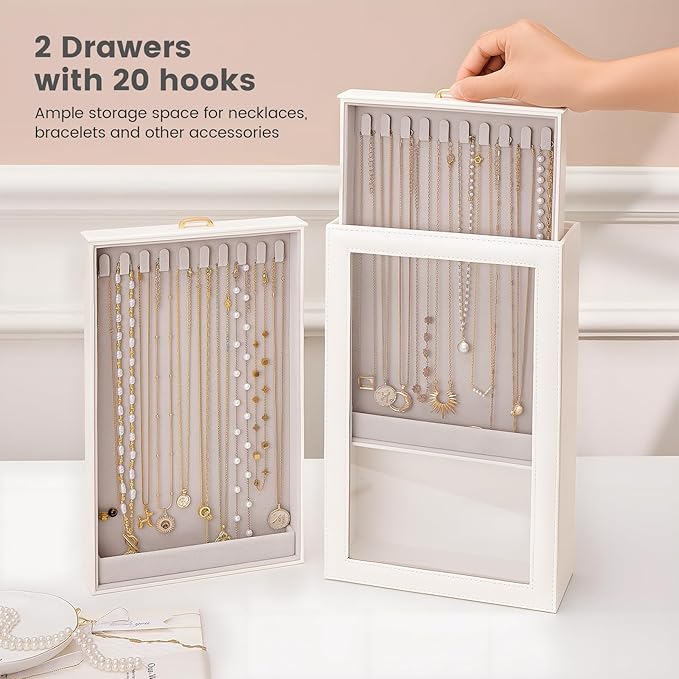 Lolalet Necklace Organizer Box, Jewelry Storage Box with Clear Window for Necklaces Bracelets, Tangle-Free Necklace Display Case for Women Girls -White, 2 Layers 20 Hooks
