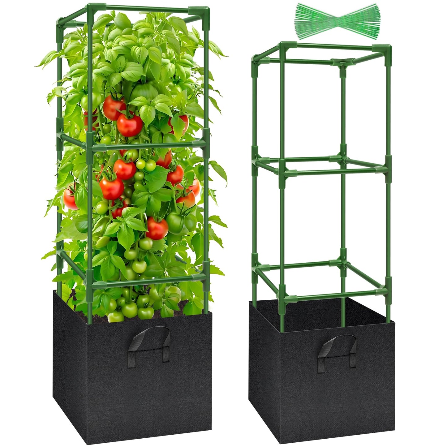 Legigo 2 Pack Tomato Cages with 17 Gallon Grow Bags- 47 Inch Square Tomato Cages for Garden, Heavy-Duty Tomato Stakes Plant Support Cages Trellis for Garden Vertical Climbing Plants Vegetables