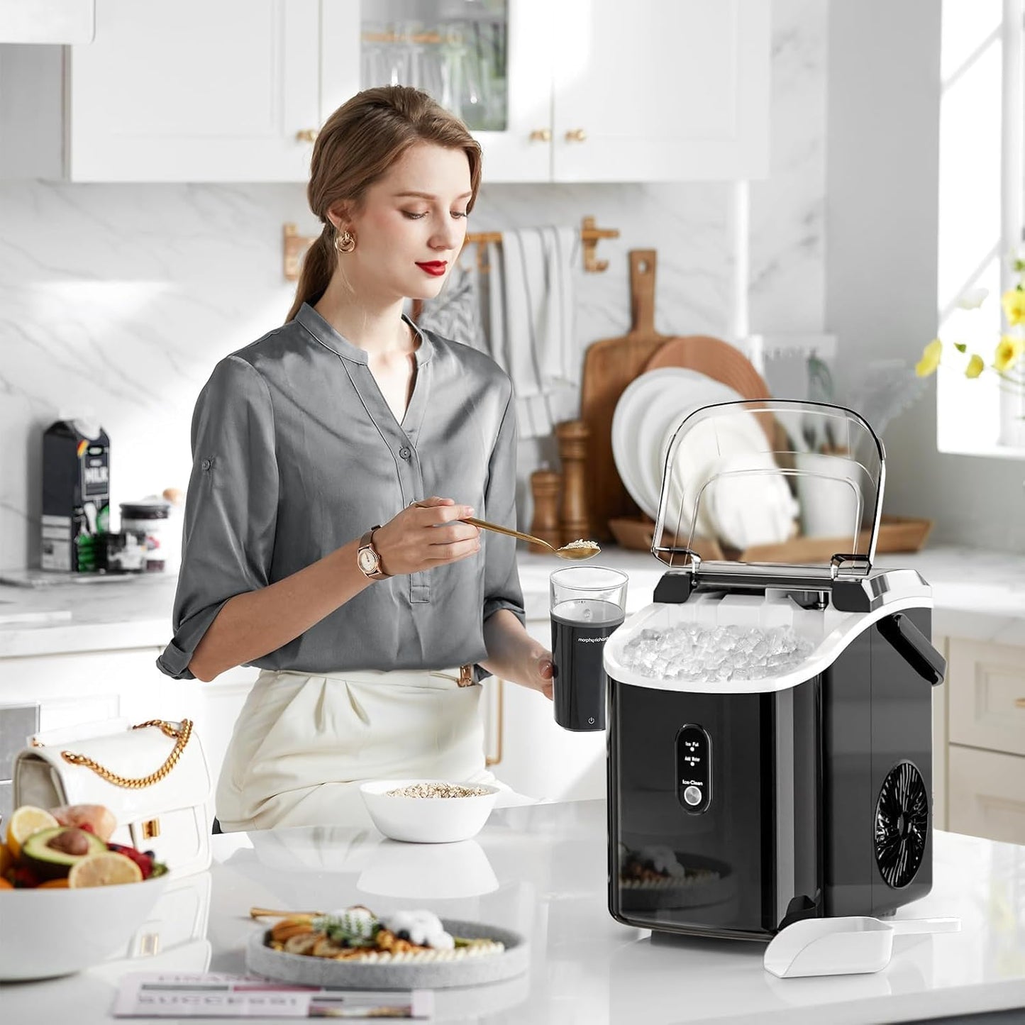 AGLUCKY Nugget Ice Makers Countertop with Handle, Portable Pebble Ice Machine with Soft Chewable Ice,Self-Cleaning,One-Click Operation for Home/Kitchen (Dark Black)