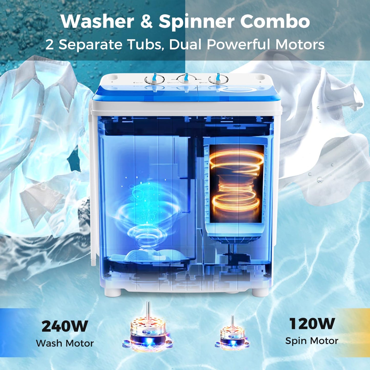 Giantex Portable Washing Machine, 17.6lbs Compact Washer Spinner Combo with Pump Drain, Twin Tub 11lbs Wash & 6.6lbs Spin, Lavadoras Portatiles for Apartment RV Dorm College (White & Blue)