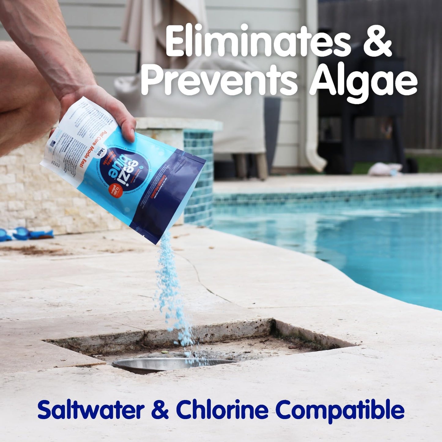 Eeziblue Monthly Algaecide for Swimming Pool — Patented Zn-Cu Synergy™, Treats Green, Black & Mustard Algae, Inground & Above Ground Pools, Up to 20,000 Gallons, Pre-Measured Dose