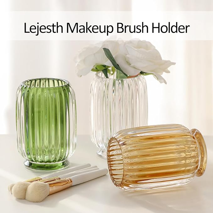 Crystal Makeup Brush holder Organizer, Vintage Make Up Brush Cup Pen Pencil Holder striped vase, Comb Brushes Pen Pencil Storage Box Container (Clear)